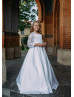 White Satin Lace Flower Girl Dress With Pearls Belt